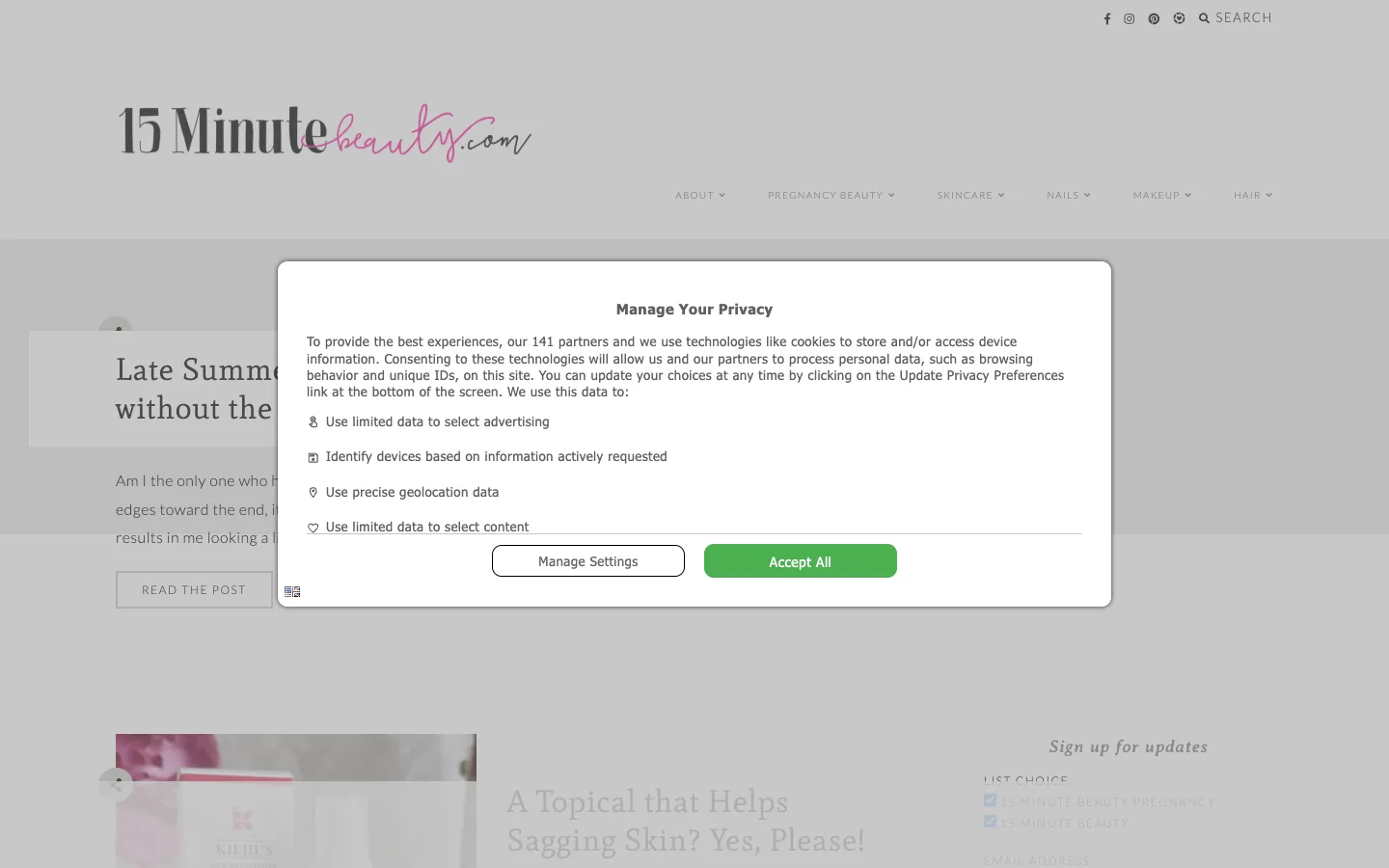 Screenshot of the 15 Minute Beauty homepage