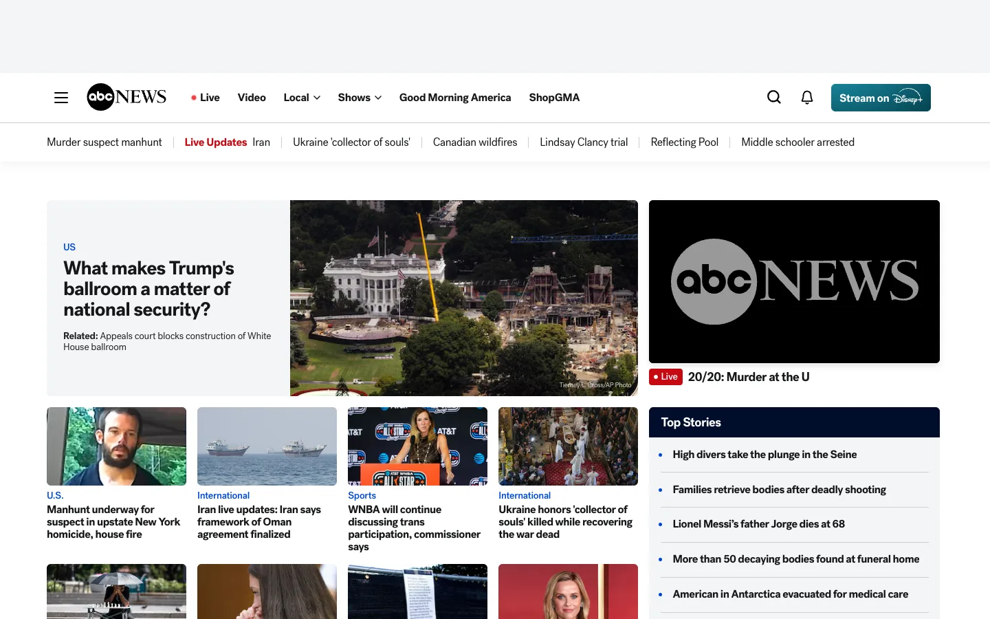 Screenshot of the ABC News International homepage