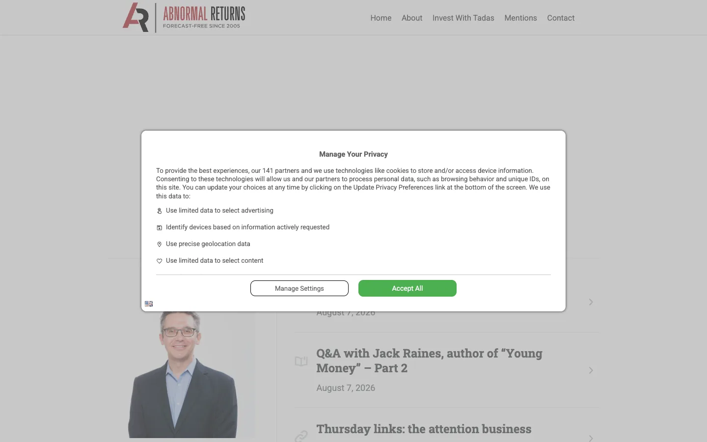 Screenshot of the Abnormal Returns homepage