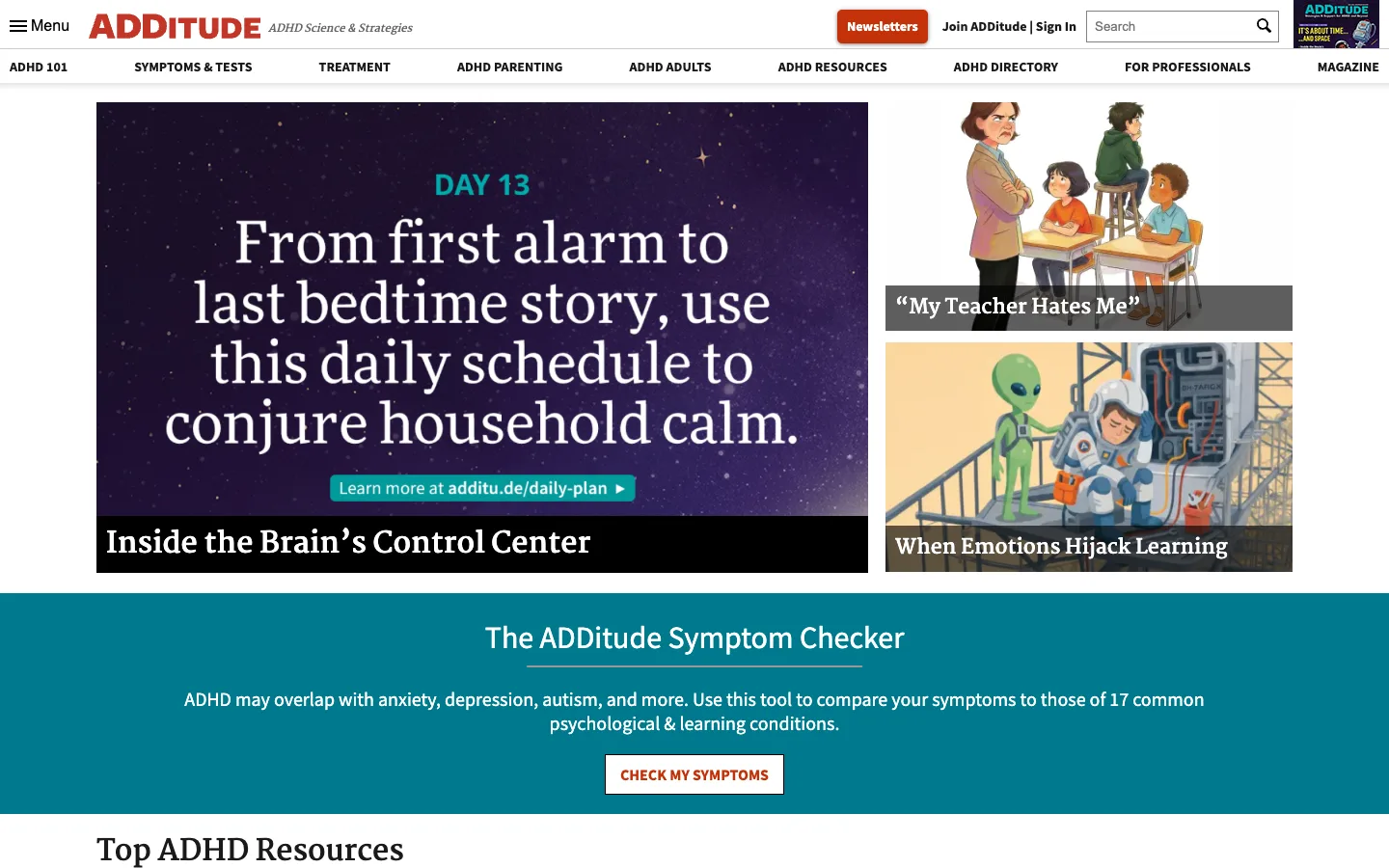 Screenshot of the ADDitude homepage