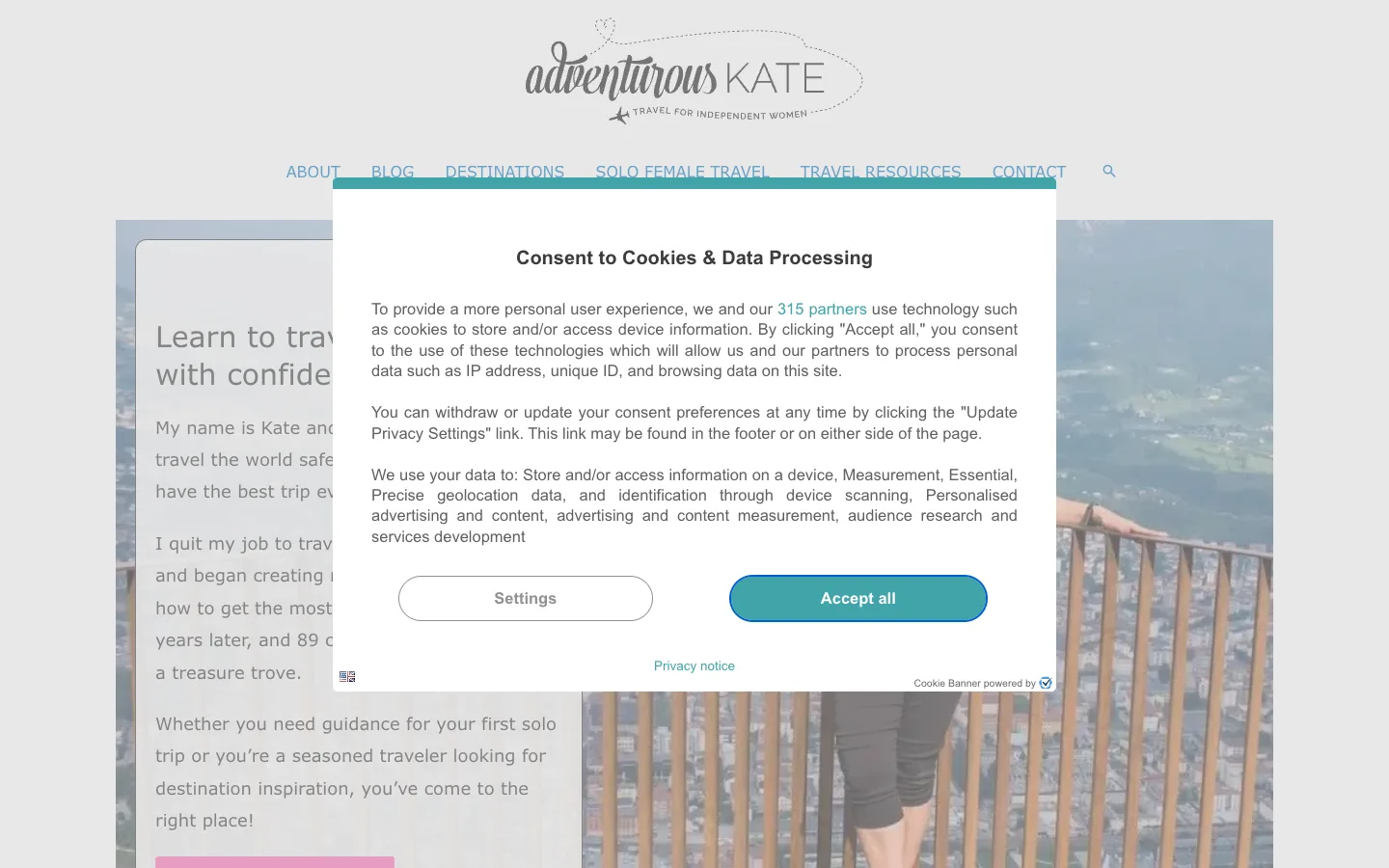 Screenshot of the Adventurous Kate homepage