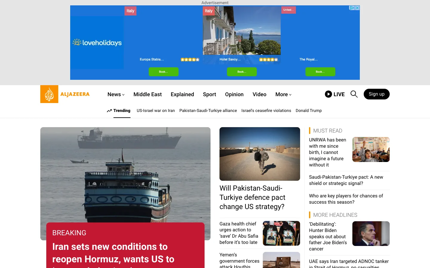Screenshot of the Al Jazeera homepage