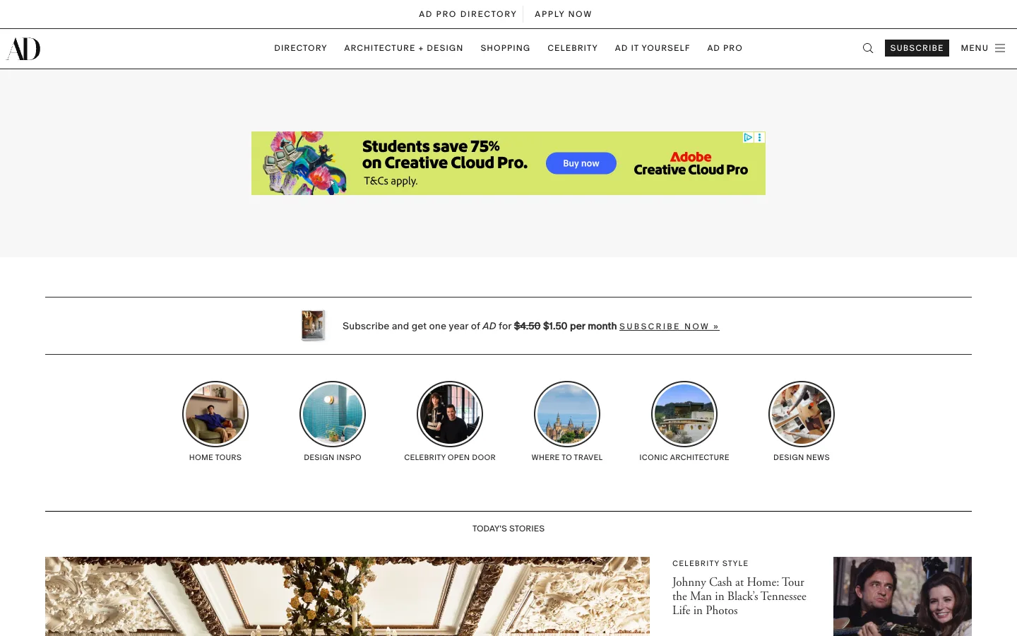 Screenshot of the Architectural Digest (US) homepage