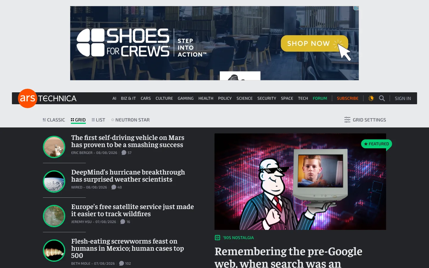 Screenshot of the Ars Technica homepage