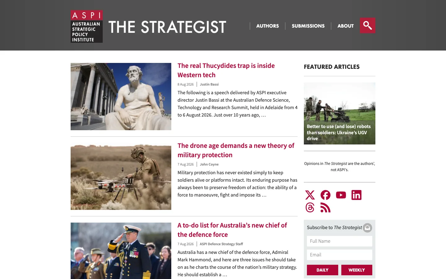 Screenshot of the ASPI The Strategist homepage