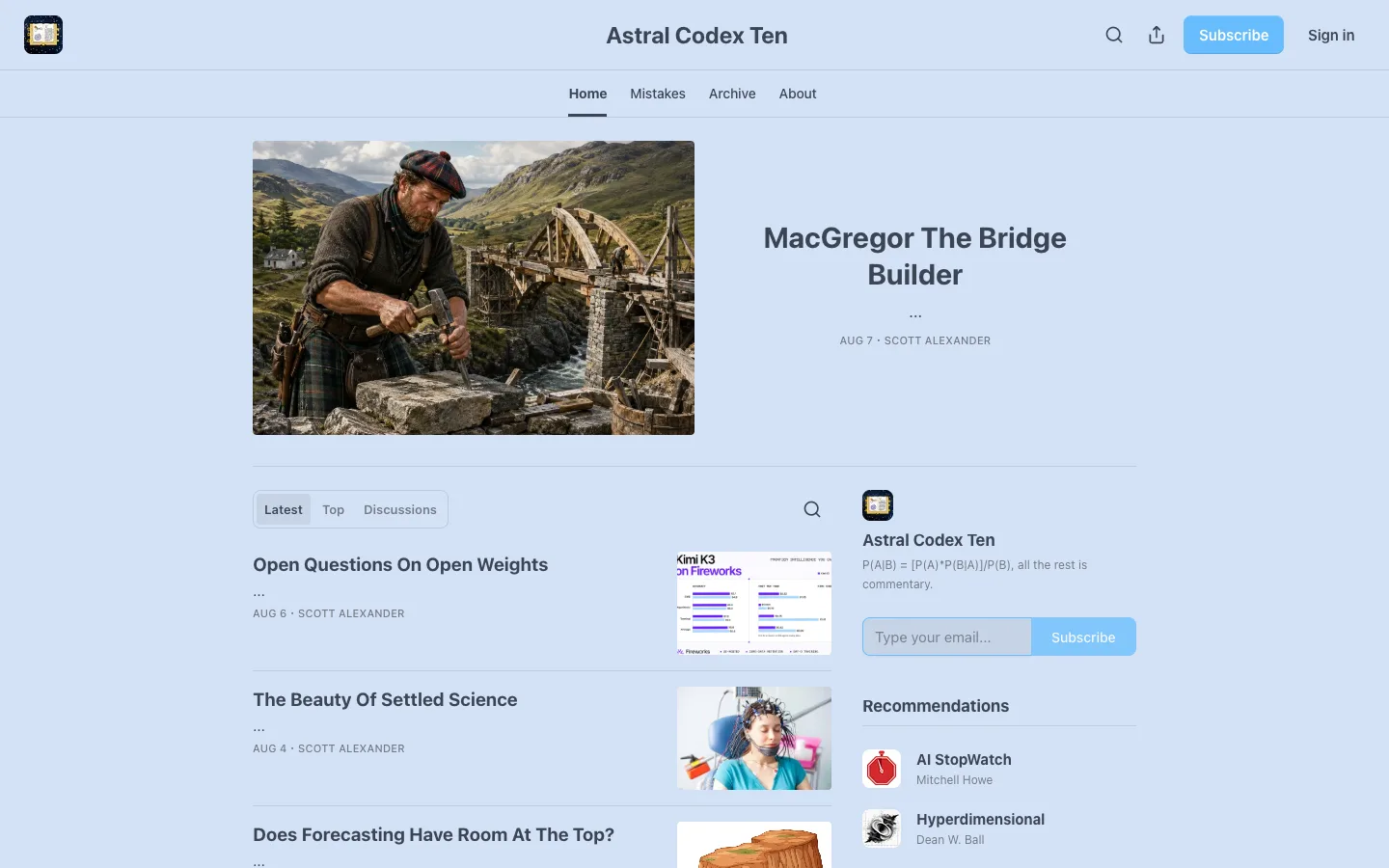 Screenshot of the Astral Codex Ten homepage