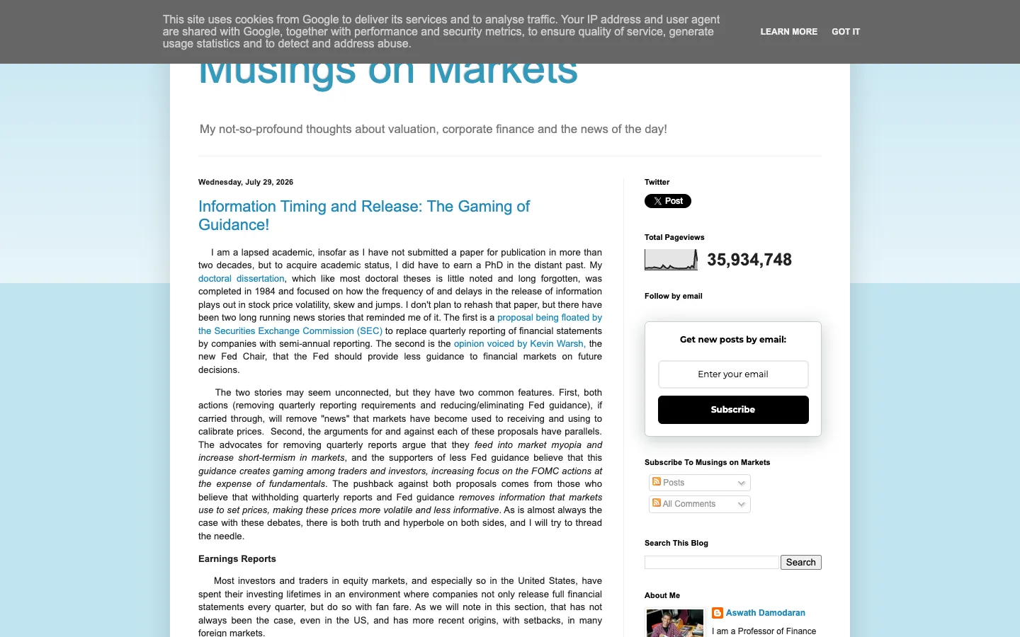 Screenshot of the Musings on Markets homepage