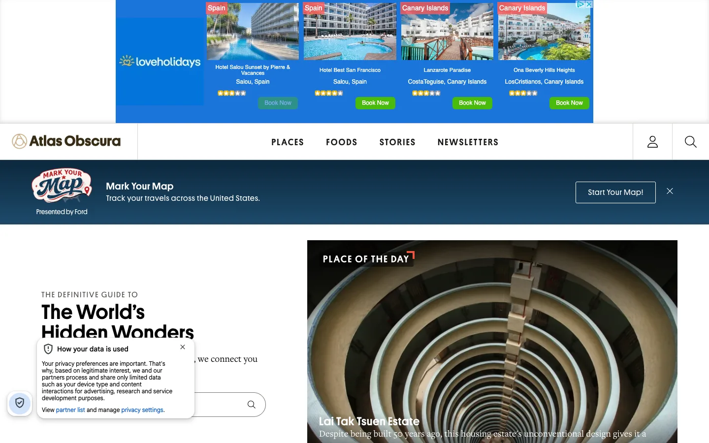 Screenshot of the Atlas Obscura homepage