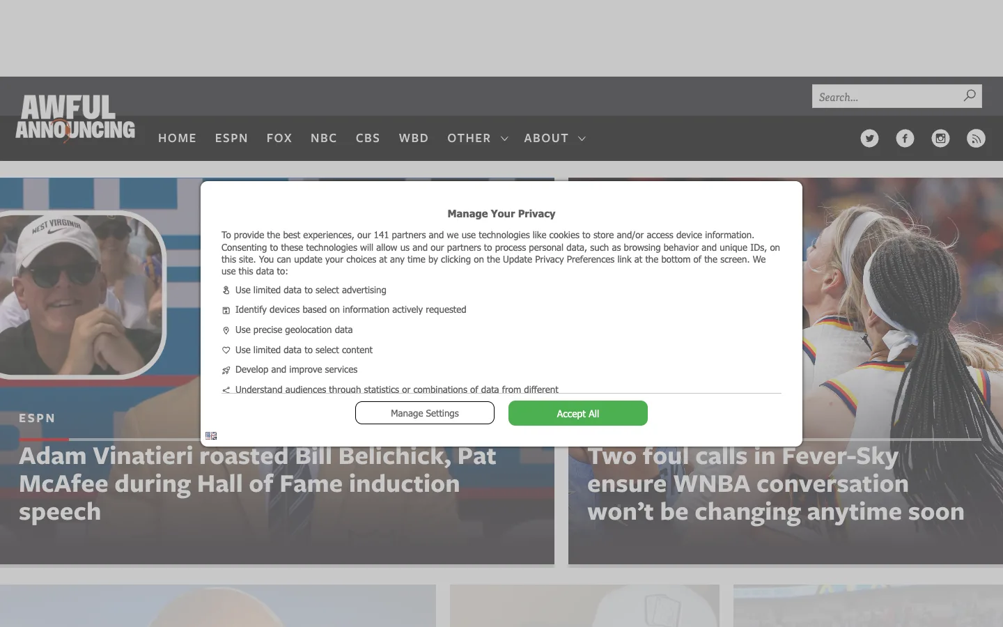 Screenshot of the Awful Announcing homepage