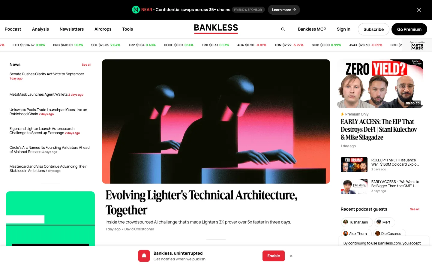Screenshot of the Bankless homepage