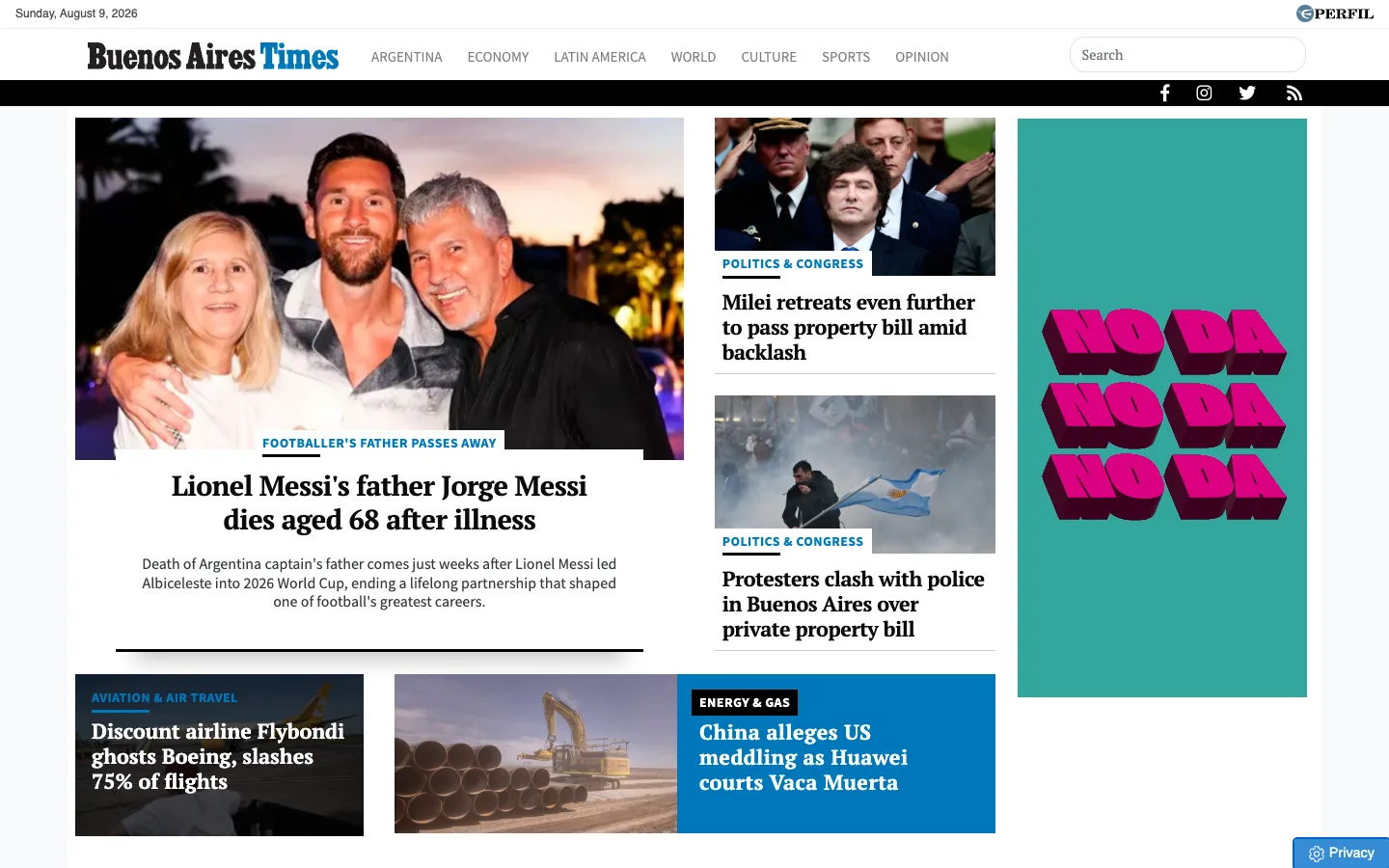 Screenshot of the Buenos Aires Times homepage