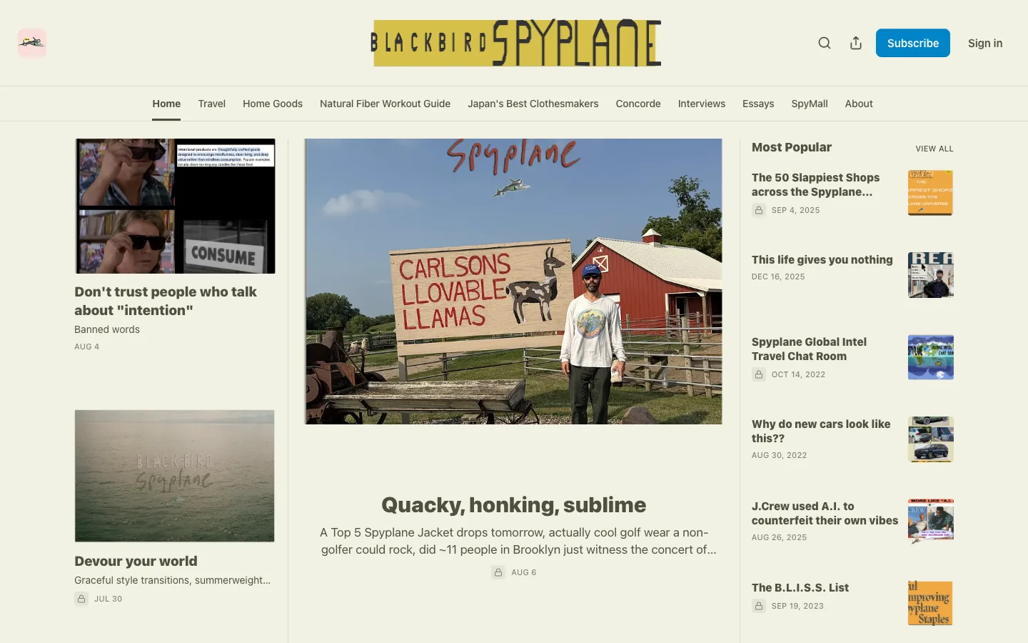 Screenshot of the Blackbird Spyplane homepage