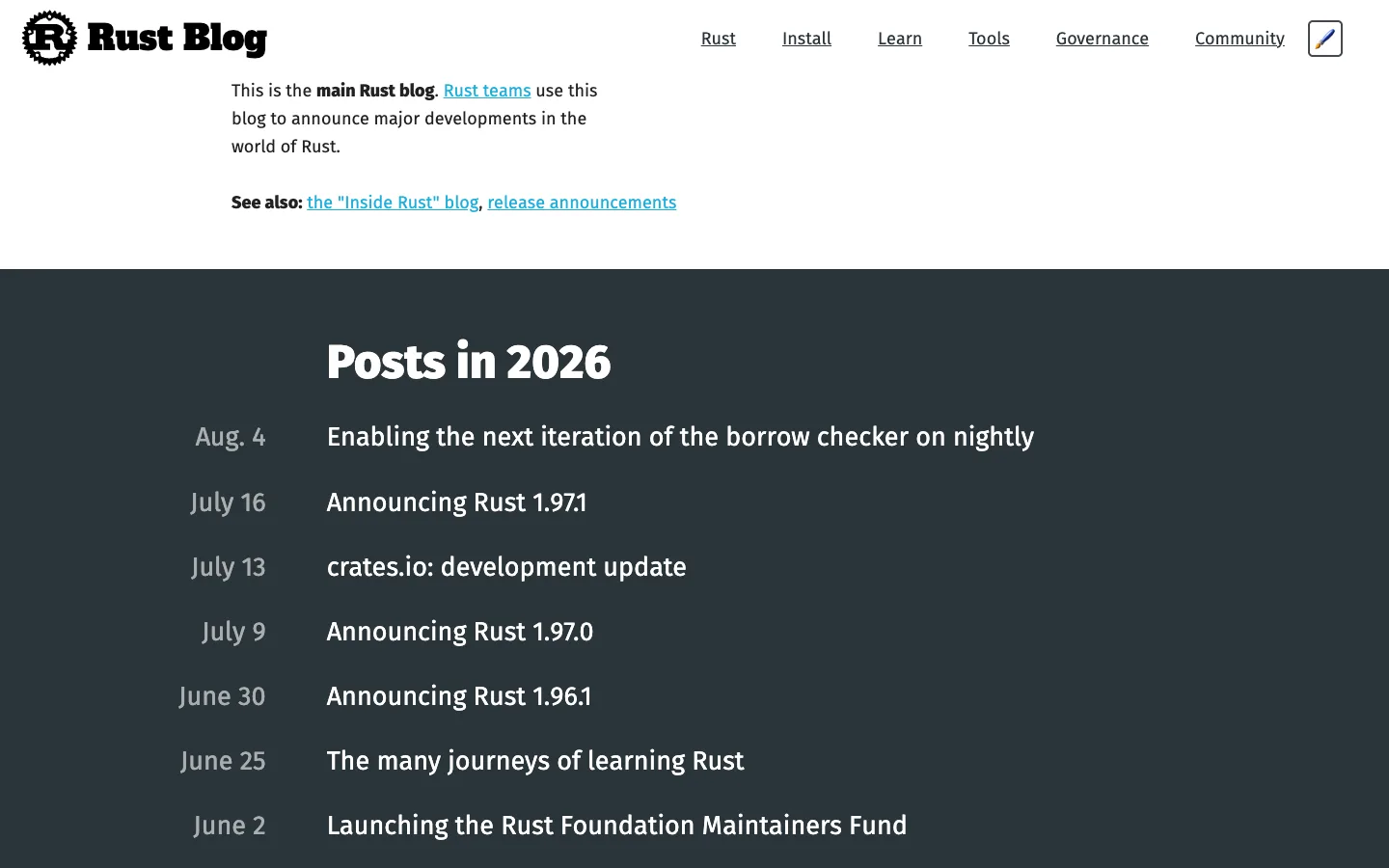 Screenshot of the Rust Blog homepage