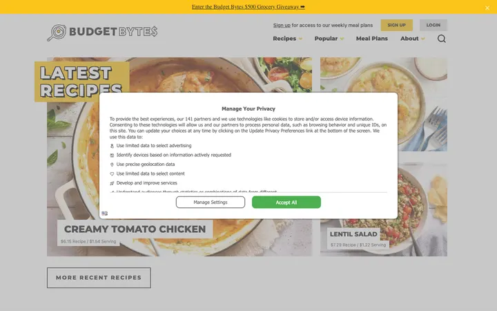 Budget Bytes homepage