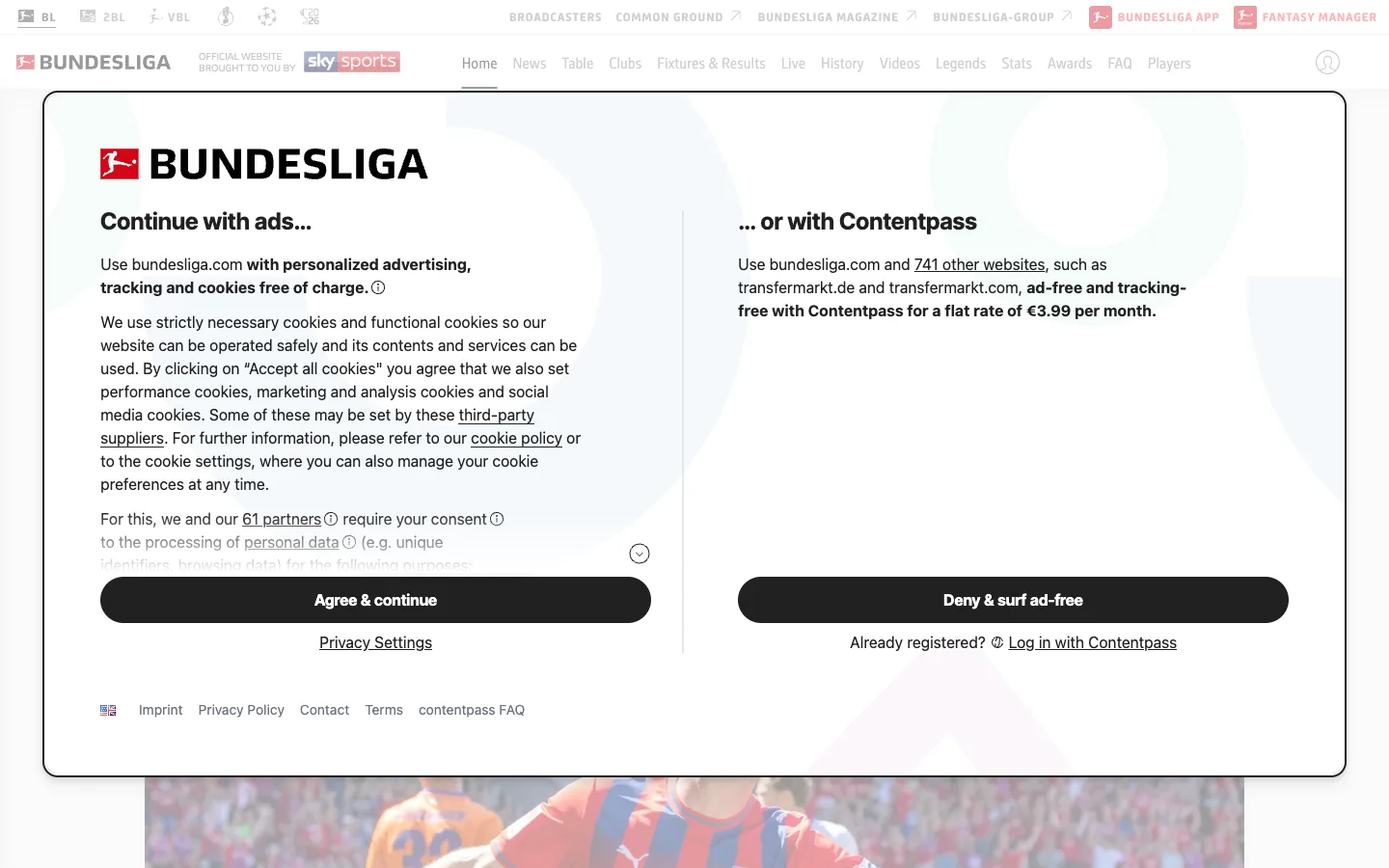 Screenshot of the Bundesliga (Official) homepage