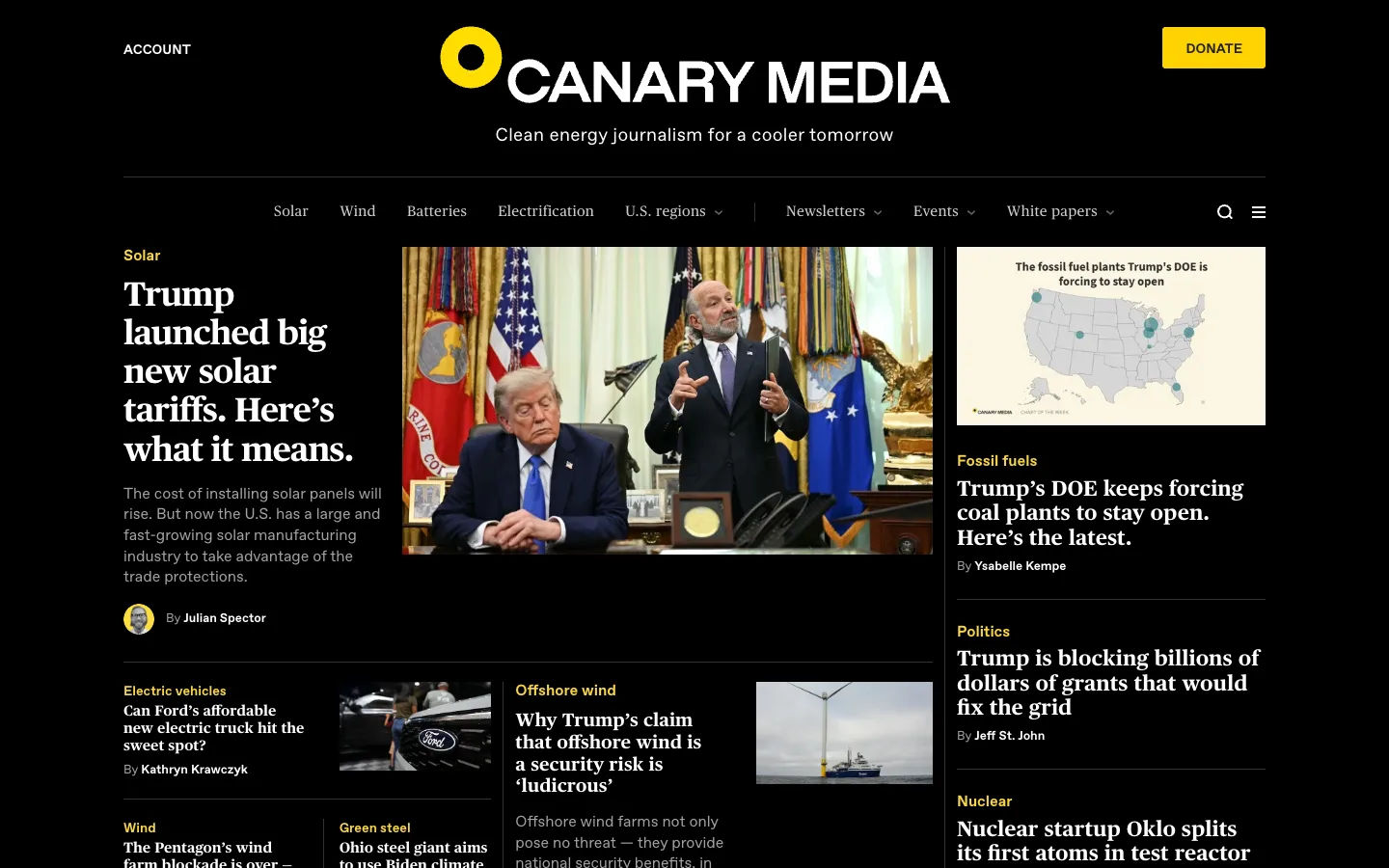 Screenshot of the Canary Media homepage