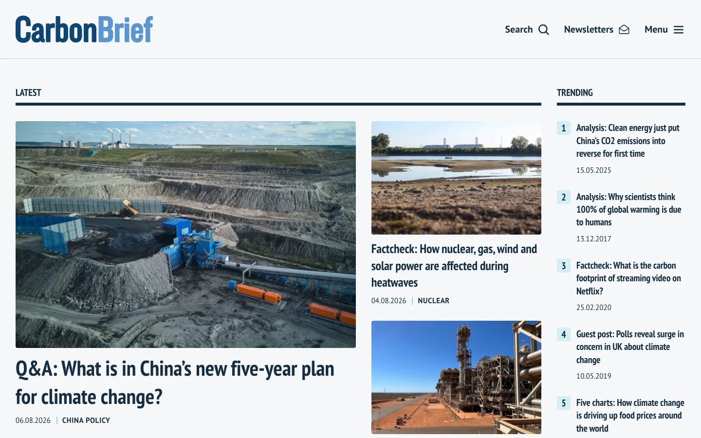 Screenshot of the Carbon Brief homepage