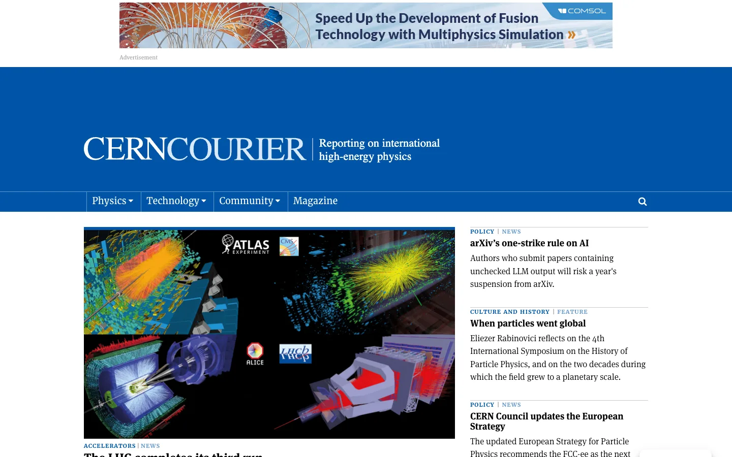 Screenshot of the CERN Courier homepage