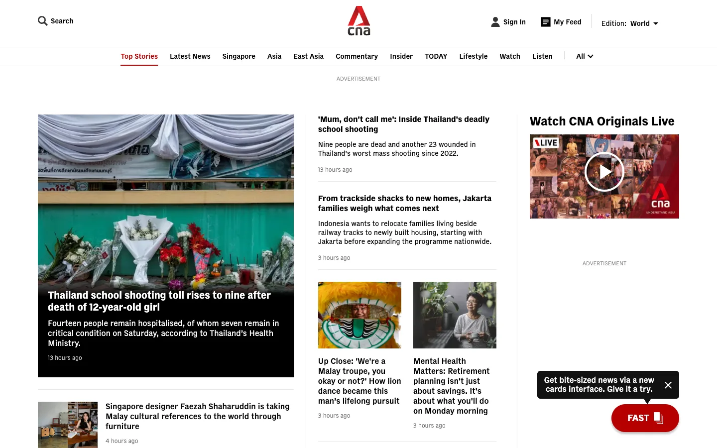 Screenshot of the Channel News Asia homepage