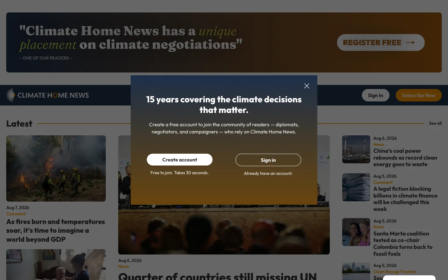 Screenshot of the Climate Home News homepage