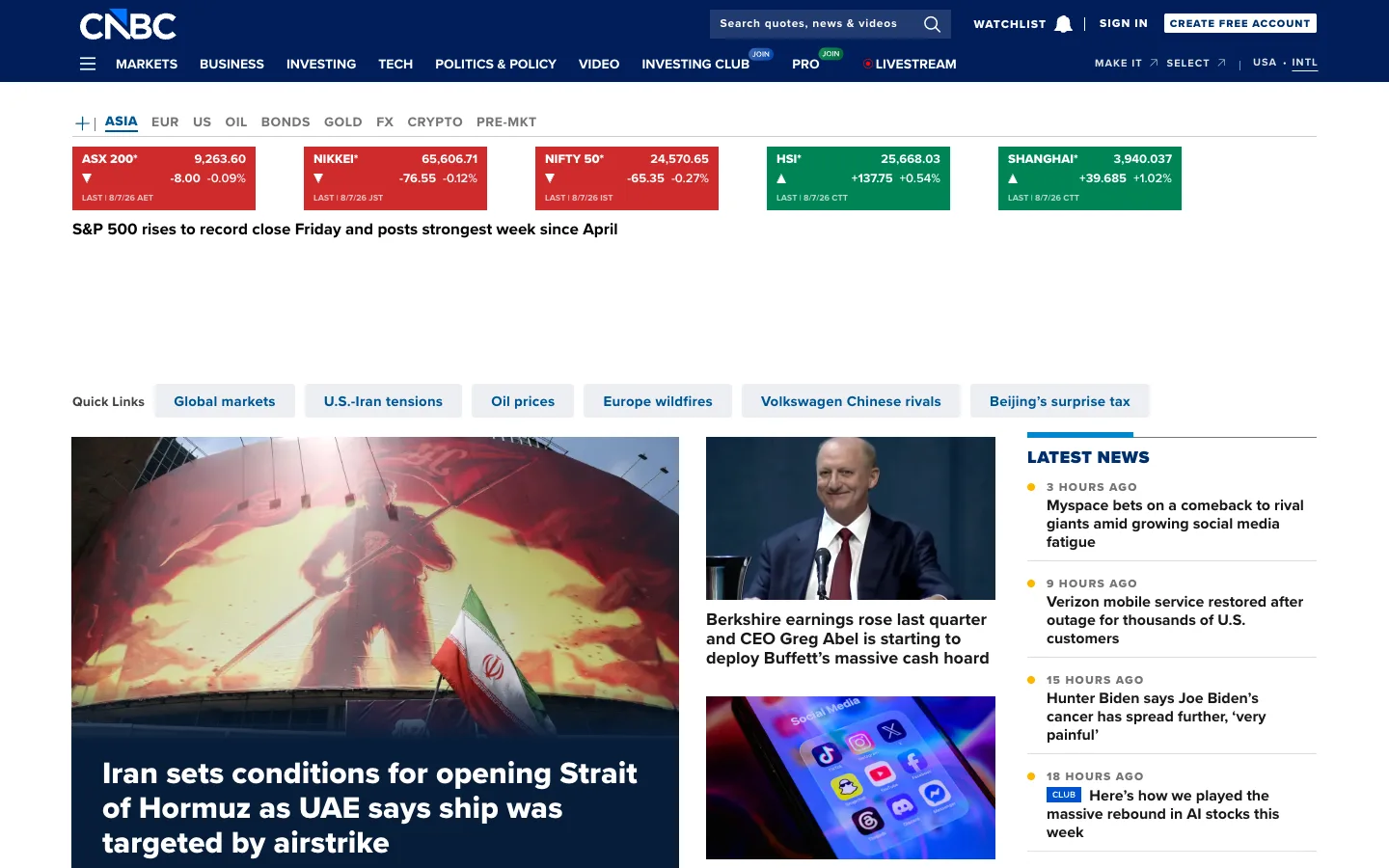 Screenshot of the CNBC homepage