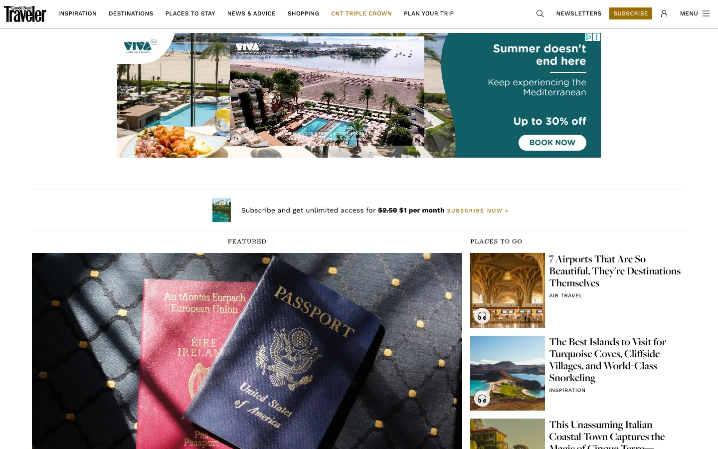 Screenshot of the Conde Nast Traveler homepage