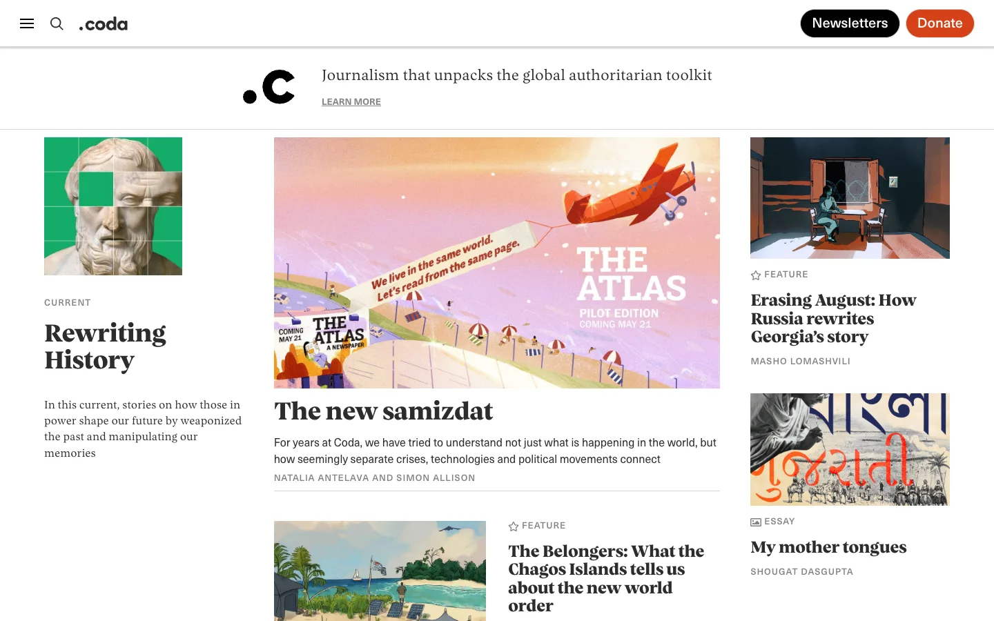 Screenshot of the Coda Story homepage
