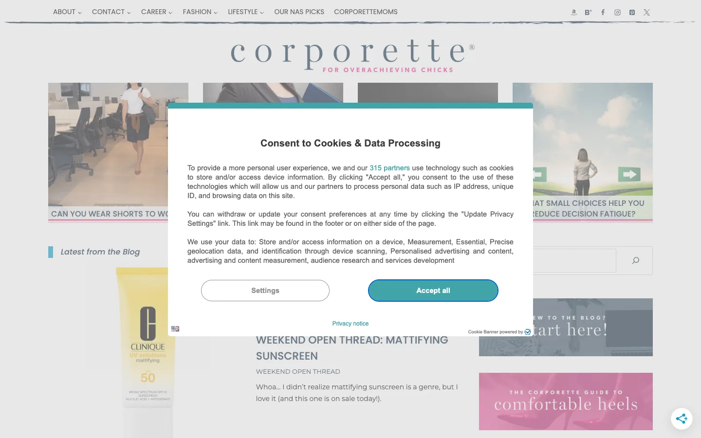 Screenshot of the Corporette homepage