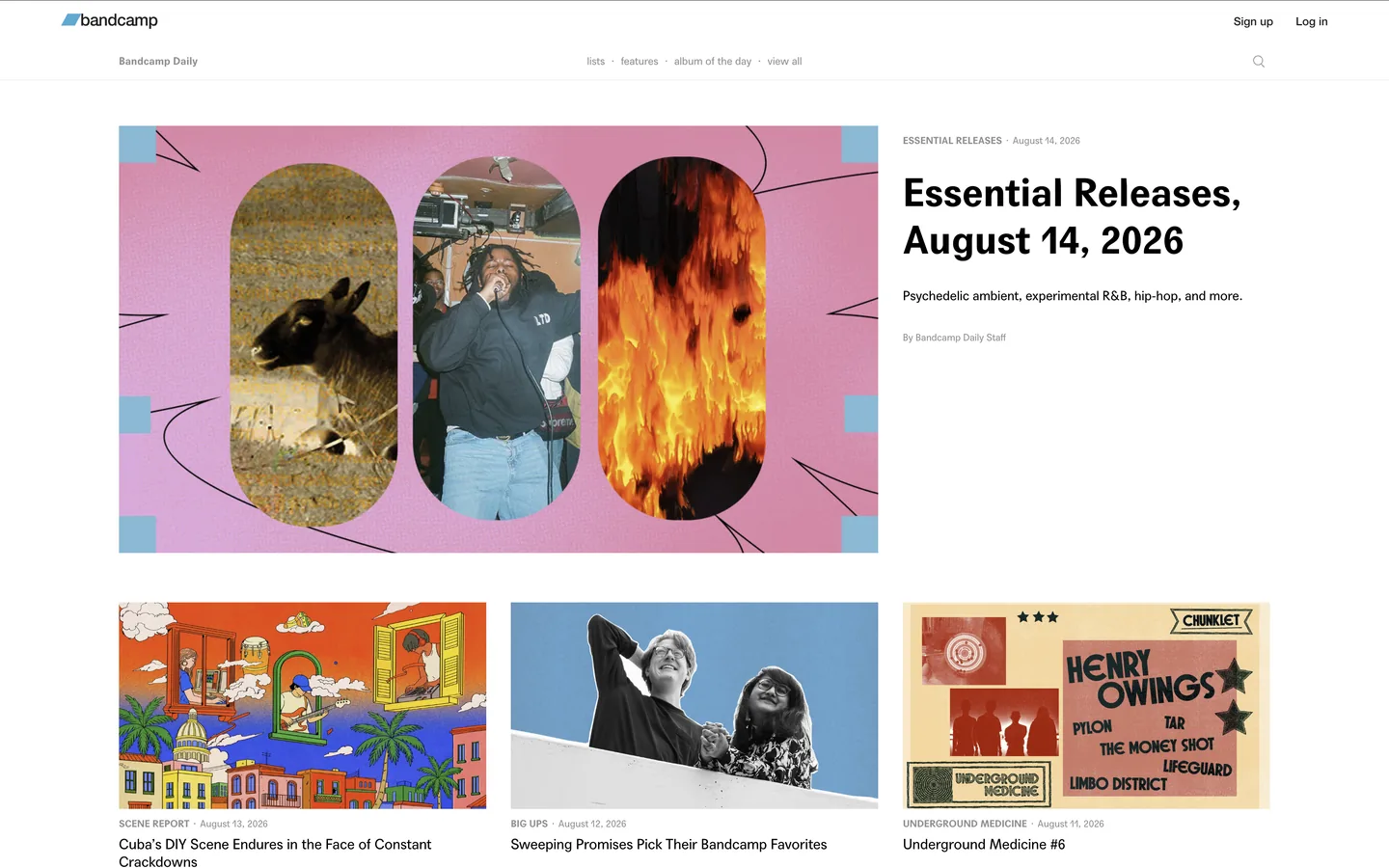 Screenshot of the Bandcamp Daily homepage
