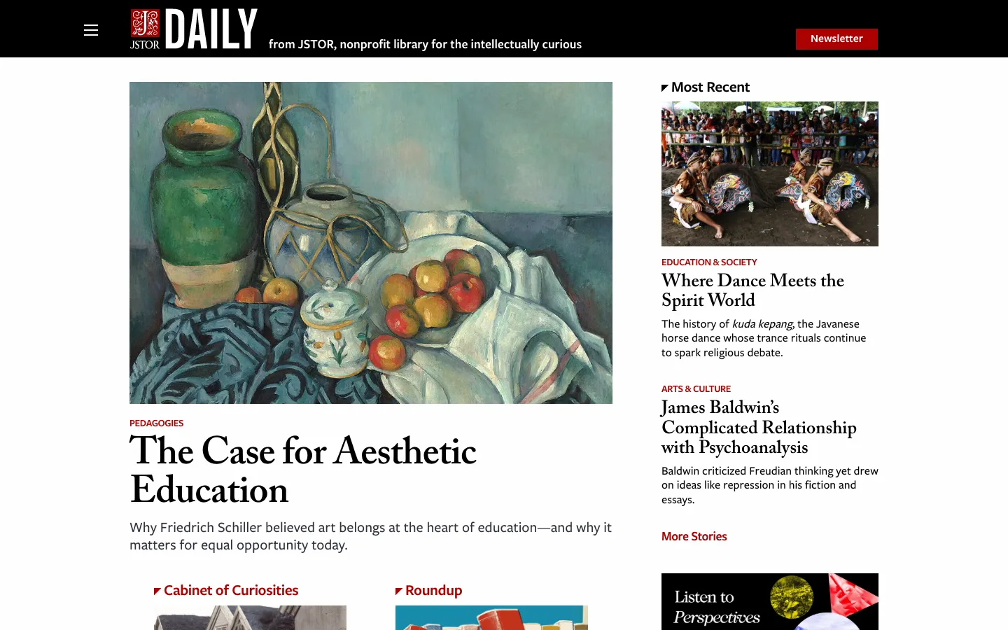 Screenshot of the JSTOR Daily homepage