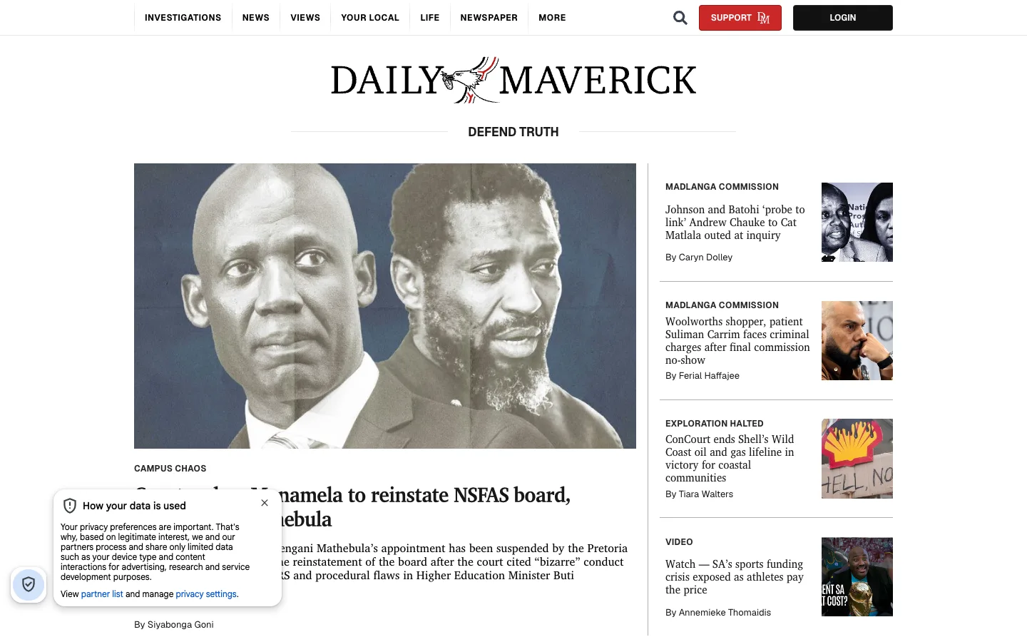 Screenshot of the Daily Maverick homepage
