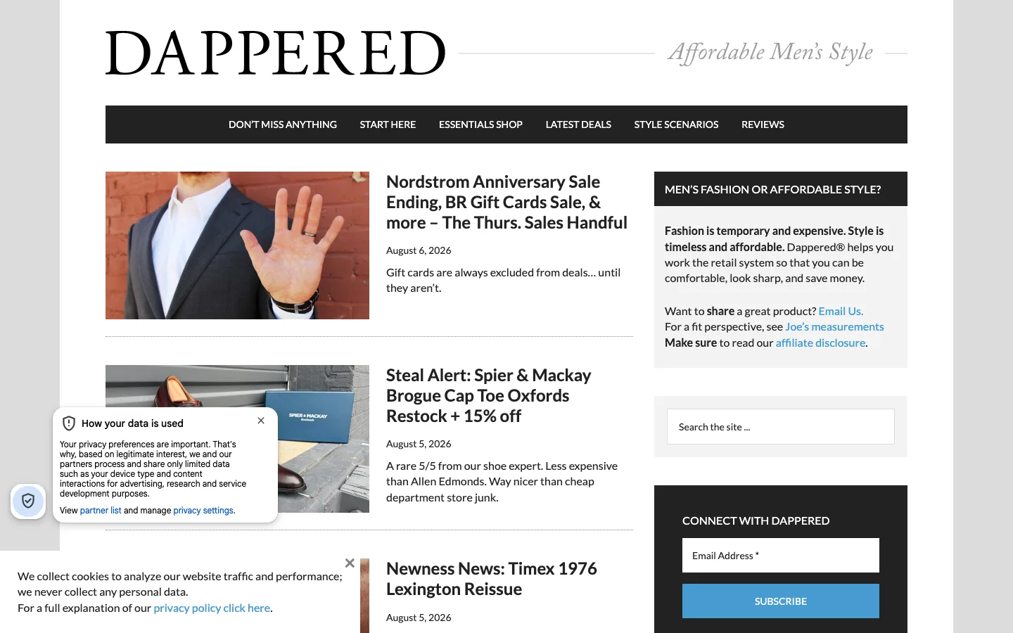 Screenshot of the Dappered homepage