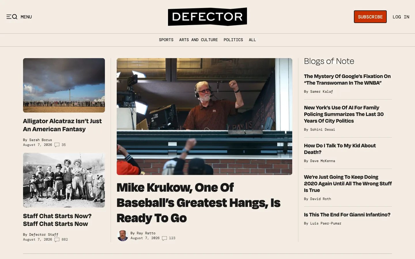Screenshot of the Defector homepage