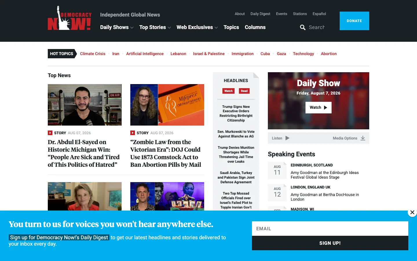 Screenshot of the Democracy Now! homepage