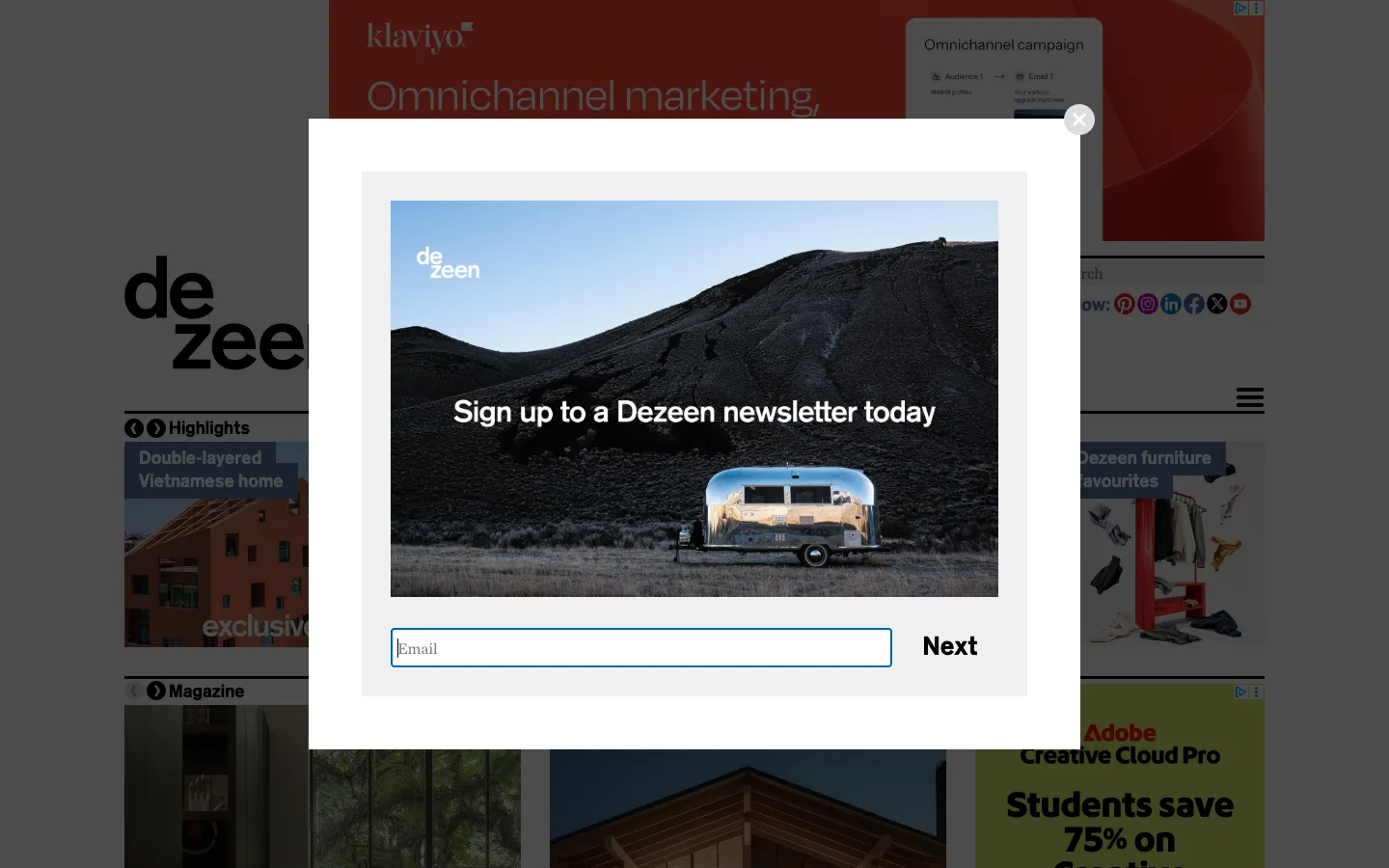 Screenshot of the Dezeen homepage