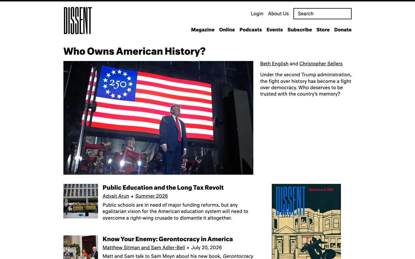 Screenshot of the Dissent homepage