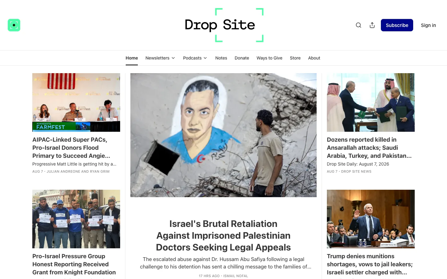 Screenshot of the Drop Site News homepage