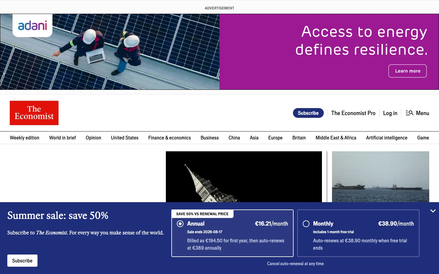 Screenshot of the The Economist – International homepage