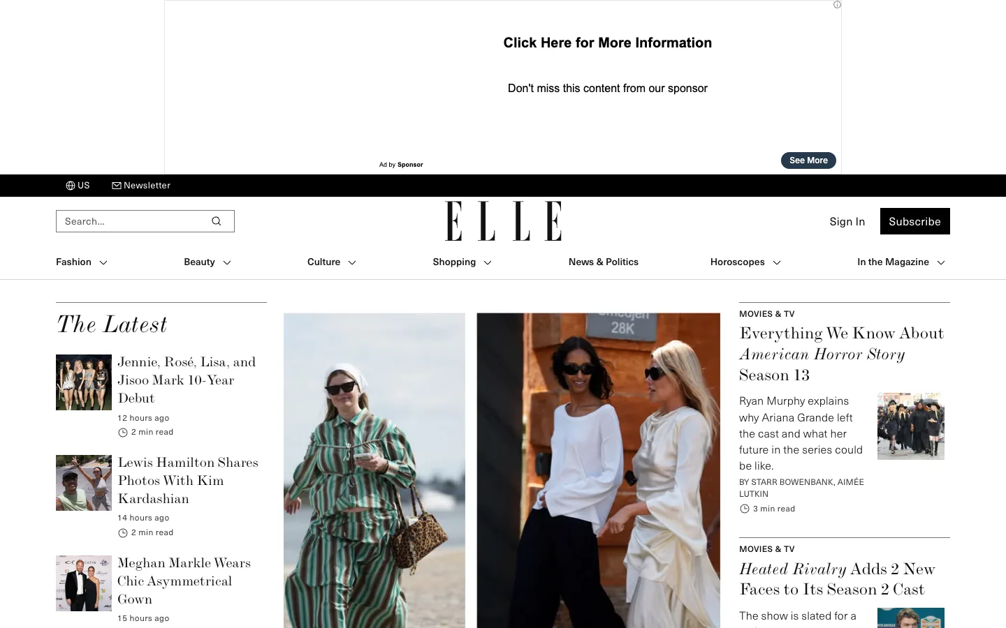 Screenshot of the Elle homepage
