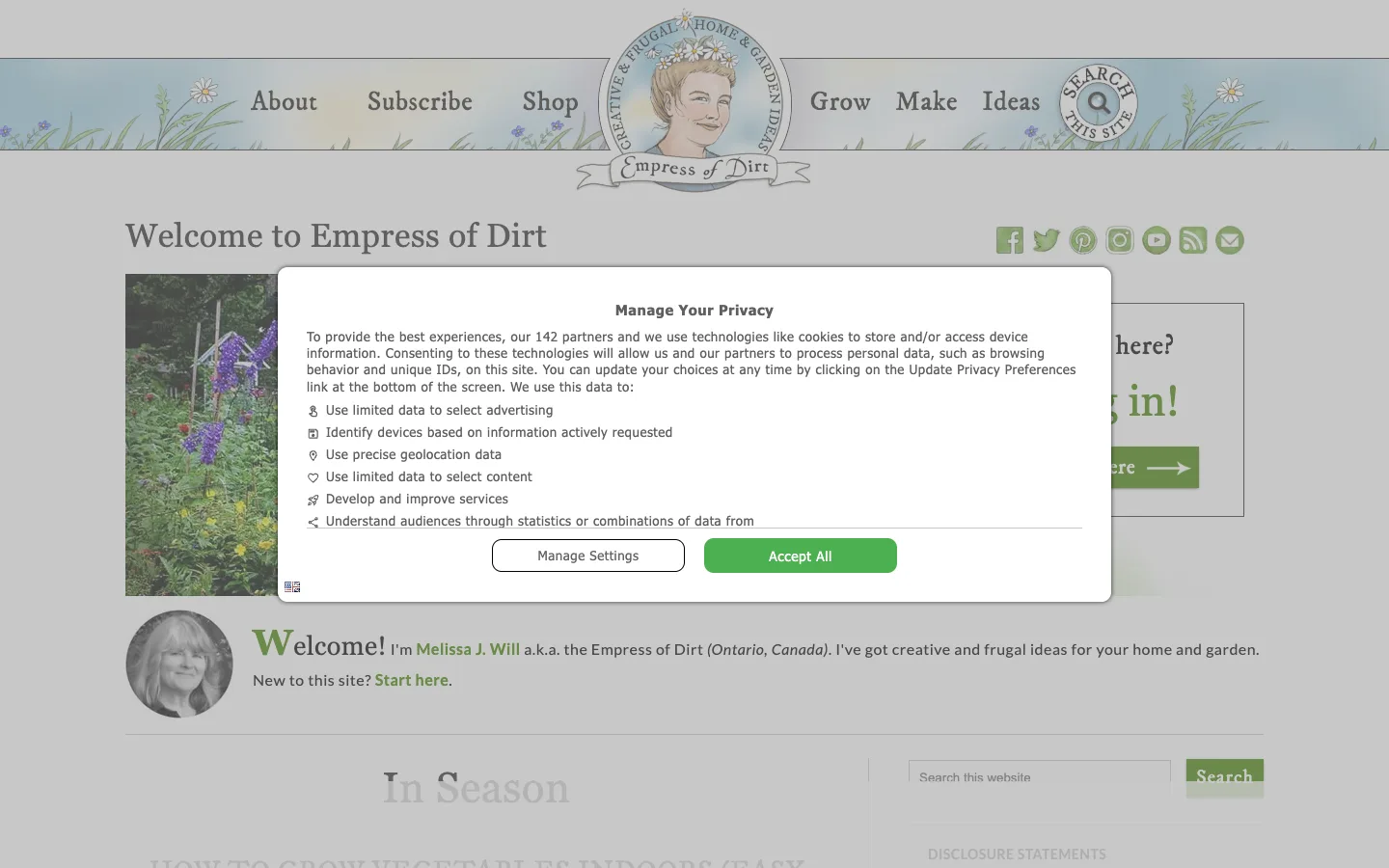 Screenshot of the Empress of Dirt homepage
