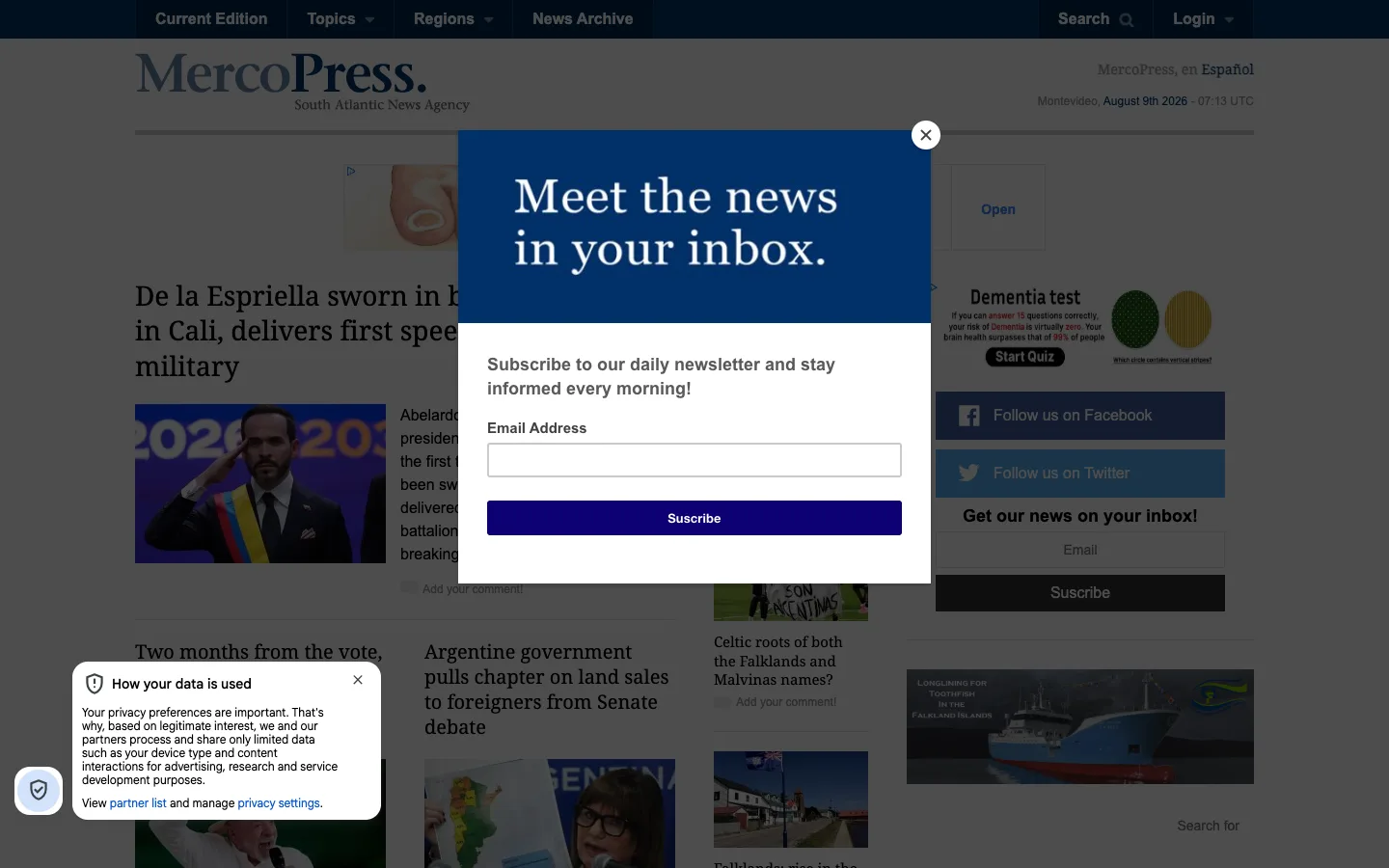 Screenshot of the MercoPress homepage