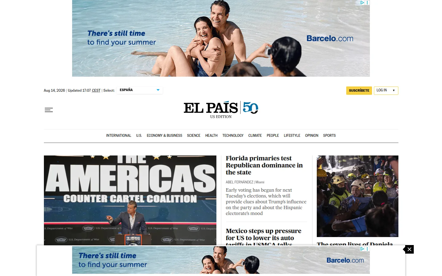 Screenshot of the El Pais in English homepage