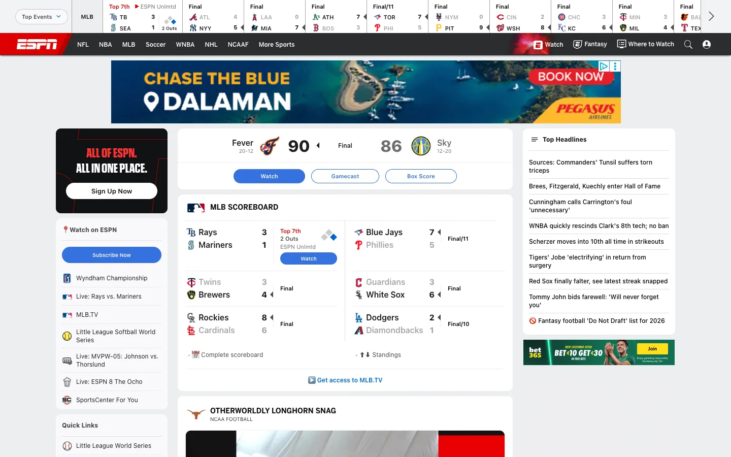 Screenshot of the ESPN homepage