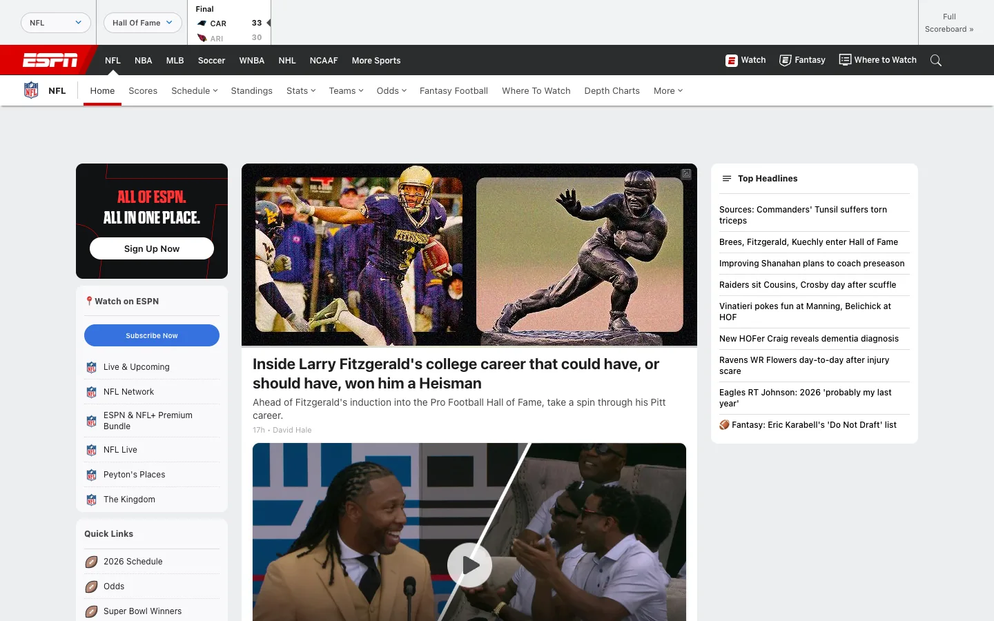 Screenshot of the ESPN NFL homepage