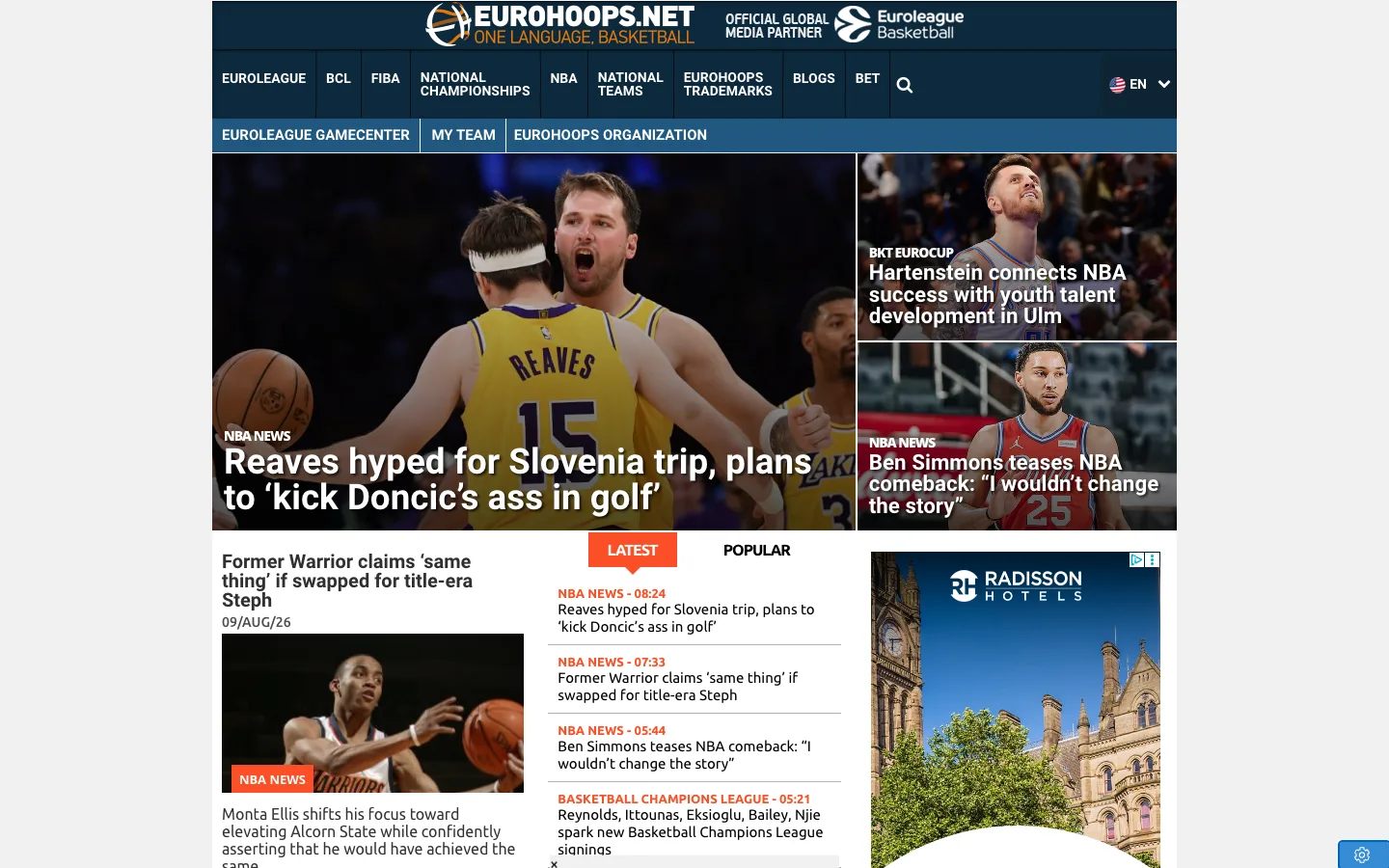 Screenshot of the Eurohoops homepage