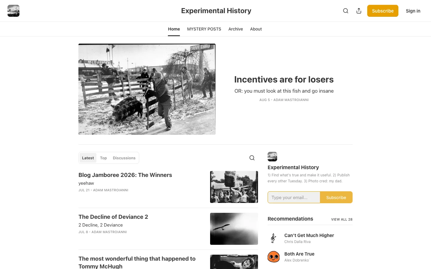 Screenshot of the Experimental History homepage