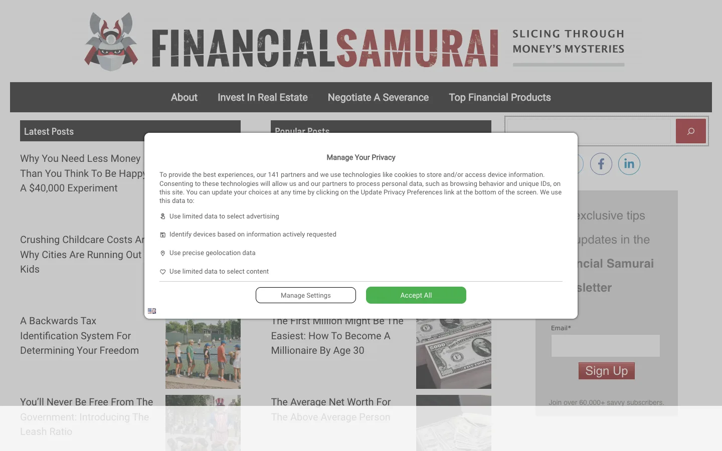 Screenshot of the Financial Samurai homepage