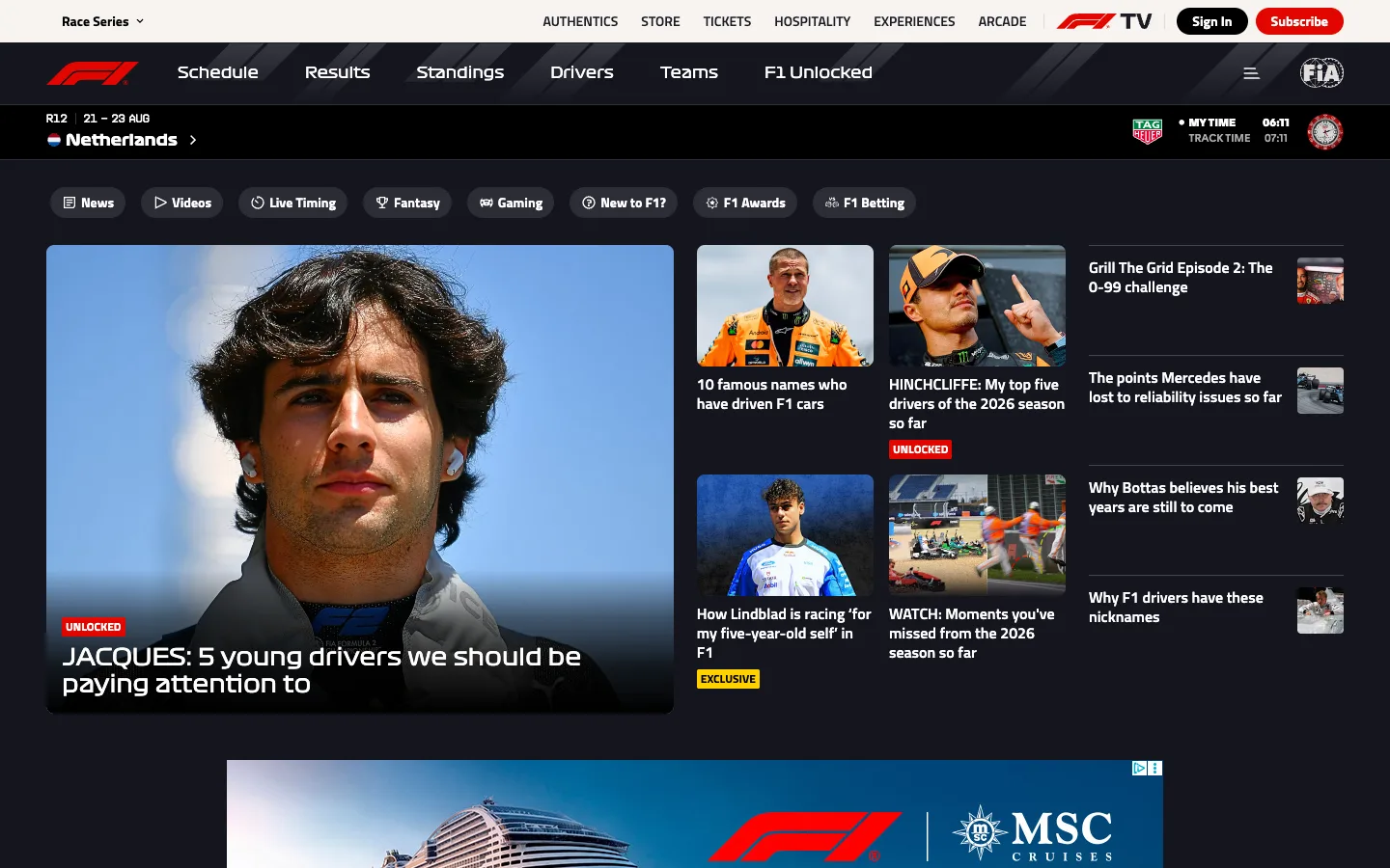Screenshot of the Formula 1 (Official) homepage