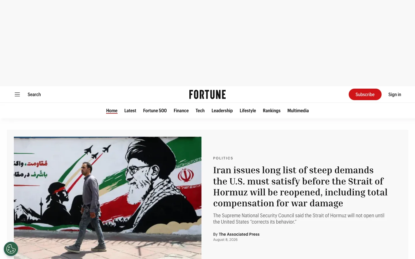 Screenshot of the Fortune homepage