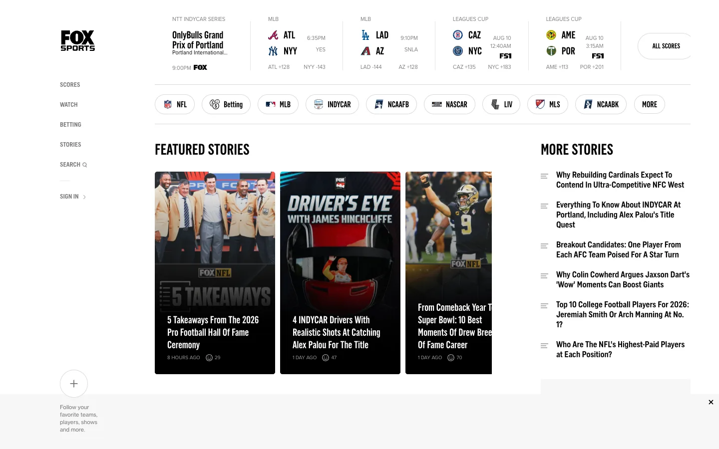 Screenshot of the Fox Sports homepage